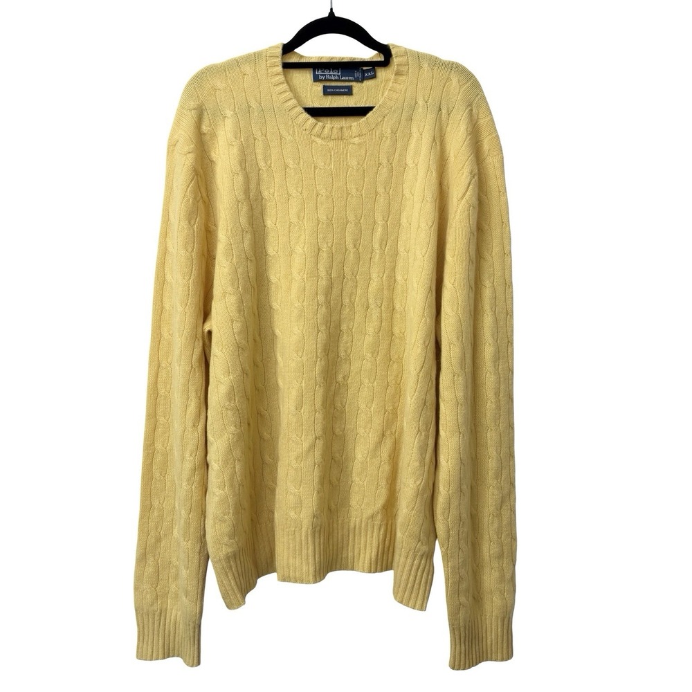 VTG Polo Ralph Lauren Yellow Cable Knit 100% Cashmere Crewneck Sweater XXL